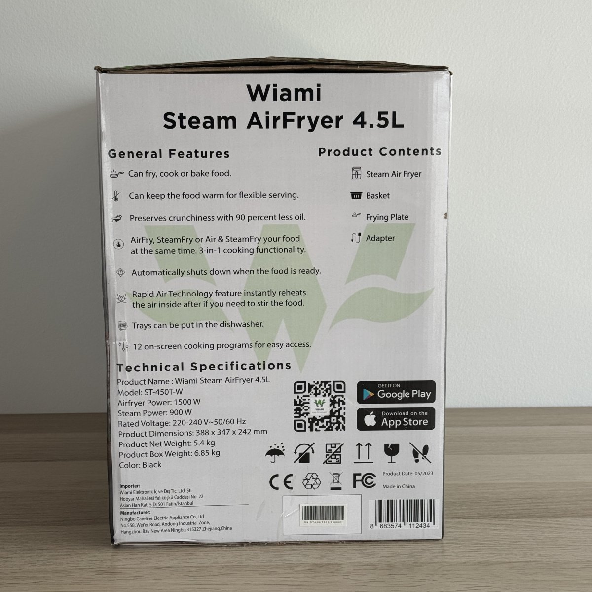 Wiami ST-450T-W Freidora de Aire a Vapor 4,5L con WiFi y App | Negro / Blanco